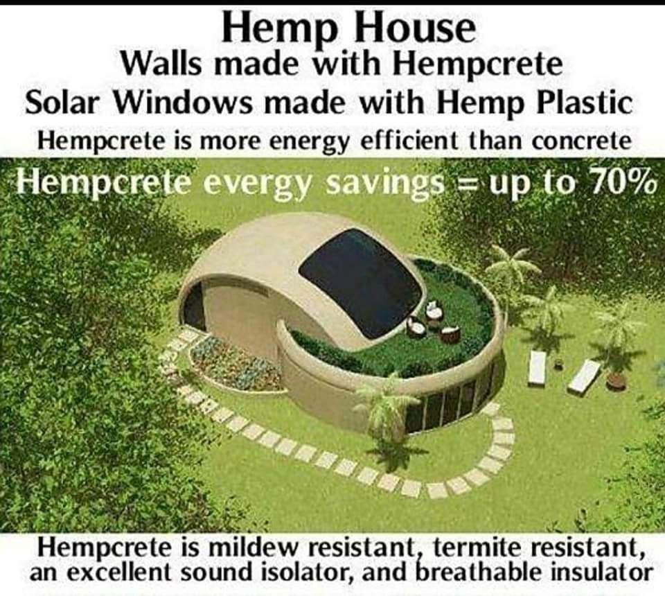 This meme is a satirical image that presents a futuristic, eco-friendly house called the "Hemp House." The text above the image reads, "Hemp House: Walls made with Hempcrete, Solar Windows made with Hemp Plastic, Hempcrete is more energy efficient than concrete." Below the image, it says, "Hempcrete is mildew resistant, termite resistant, an excellent sound isolator, and breathable insulator." The image is meant to be humorous and ironic, implying that a house made of hemp is the ultimate eco-friendly and sustainable home.